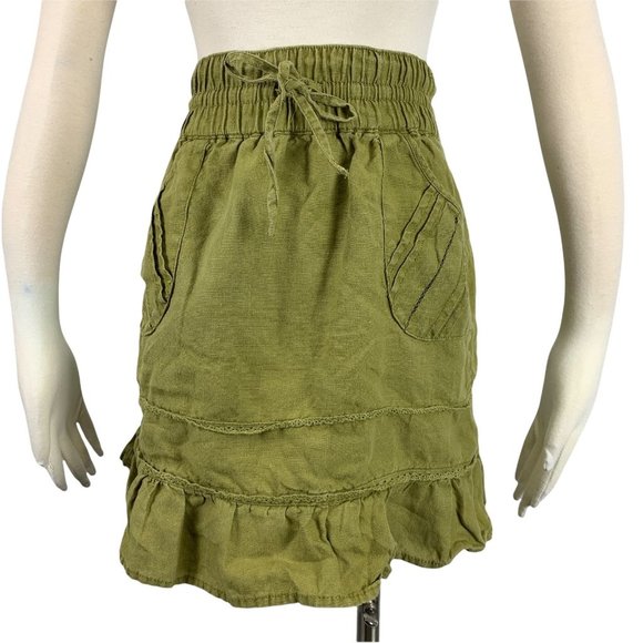 Athleta 0 Skirt Linen Camo Army Green Ruffle Knee Length XS - Picture 2 of 8